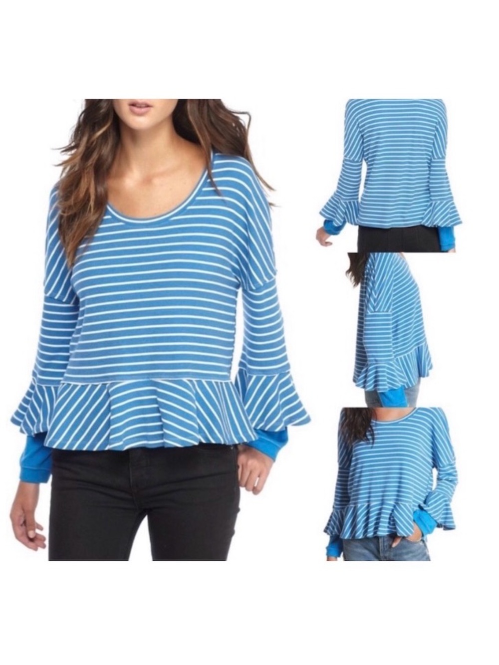 Free People Blue & White Peplum Hem Striped Blouse Top Size XS NEW